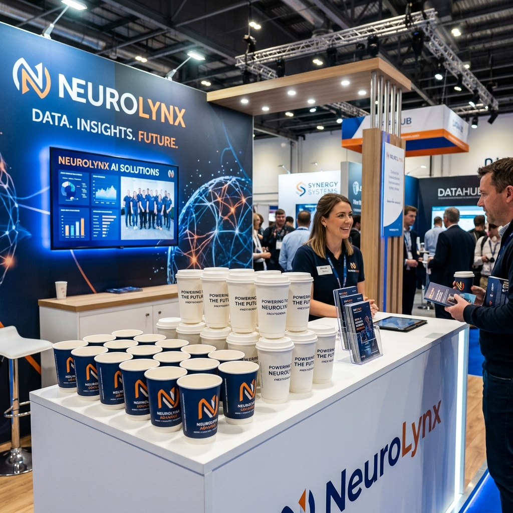 A professional exhibition event showing branded paper cups.
