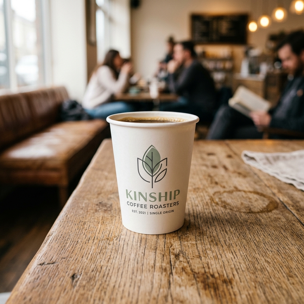 A custom branded coffee cup in use in a busy local café.
