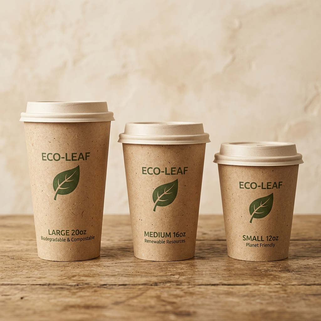 A lineup of three eco-friendly paper cups with leaf symbols.
