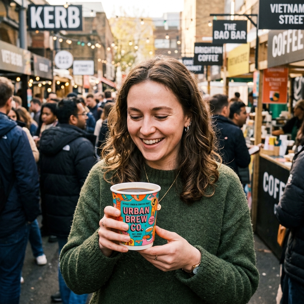Close-up of a customer holding a branded paper cup in a street market setting.