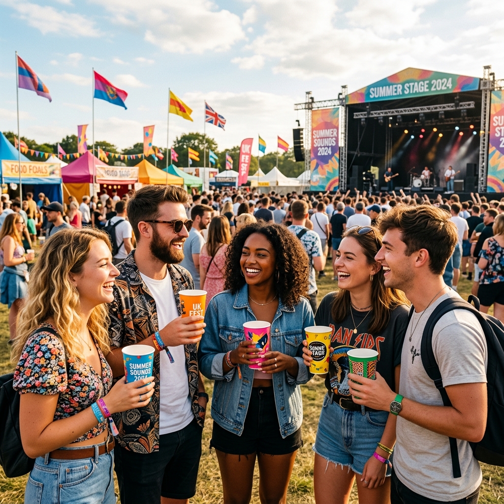 Group of people enjoying drinks at a festival.